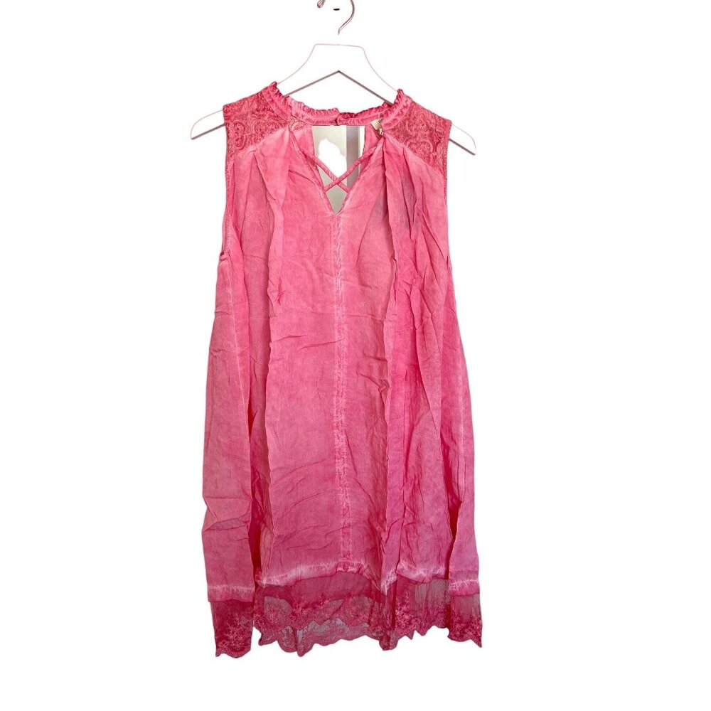 Umgee Pink Washed Boho Swing Dress With Lace Trim